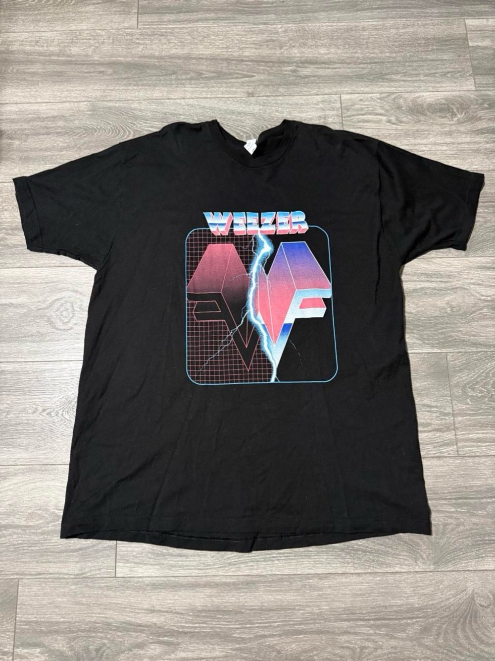 Weezer Graphic Band Tee in Black with Pink & Blue Print